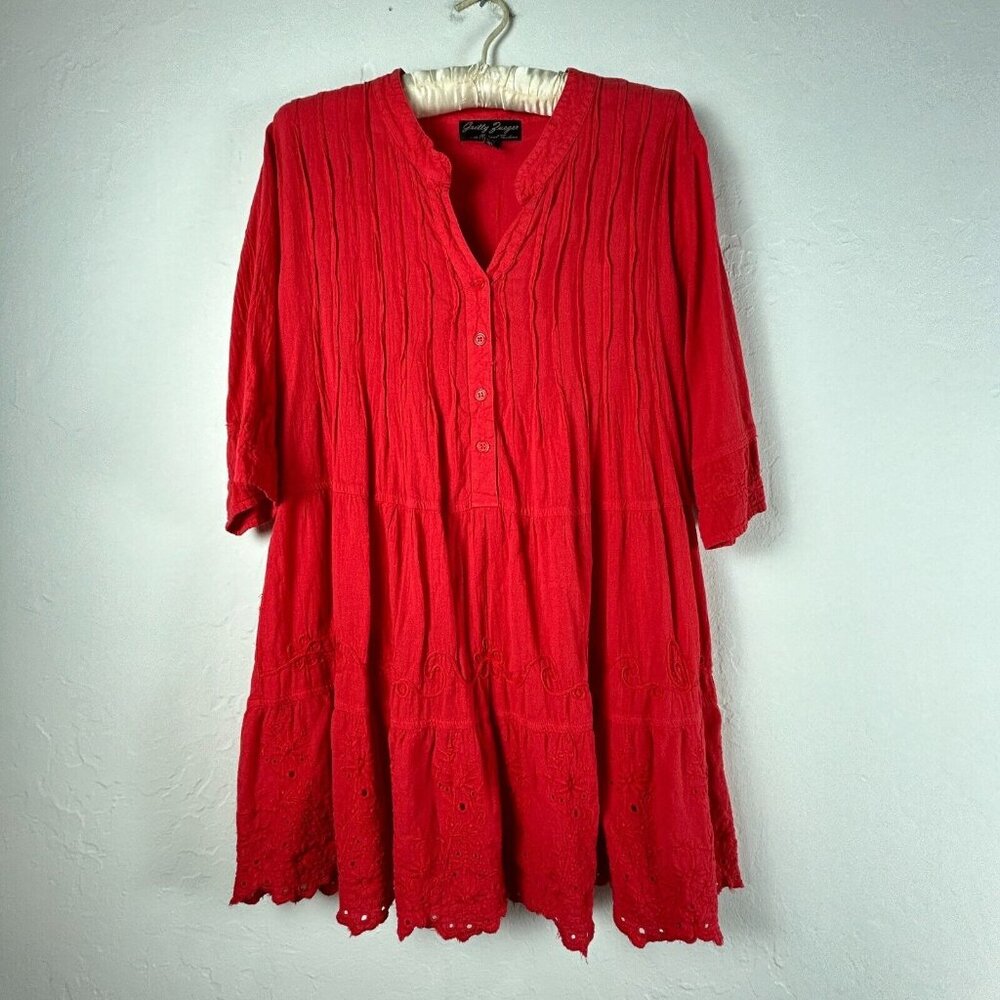 Gretty Zueger Womens Pintuck Embroidered Henley Tunic Top/Dress Small Red Cotton
